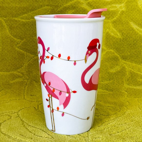 Davids Tea Twisted Pink Flamingo Ceramic Christmas Lights Travel Tumbler Mug Lid - Picture 4 of 10